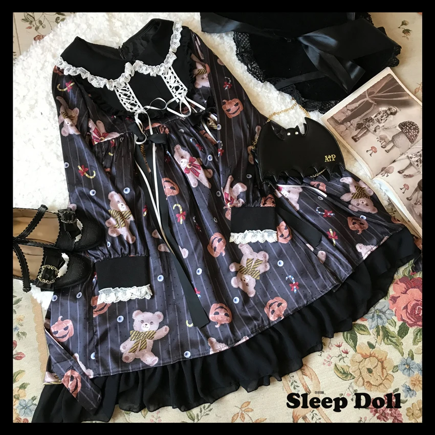 Vestido gótico de palacio para niña, vestido vintage de lolita, bruja de Halloween, estampado de cintura alta, Victoriano, kawaii, lolita gótica