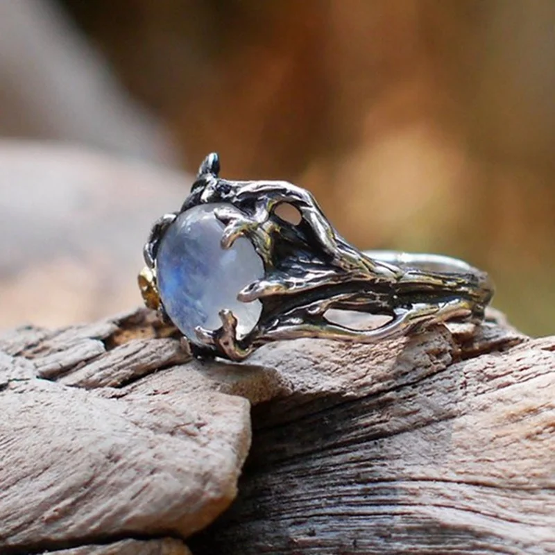 Anillos de piedra lunar Natural de hoja de árbol Retro Vintage para mujer, regalo de joyería de Navidad de compromiso