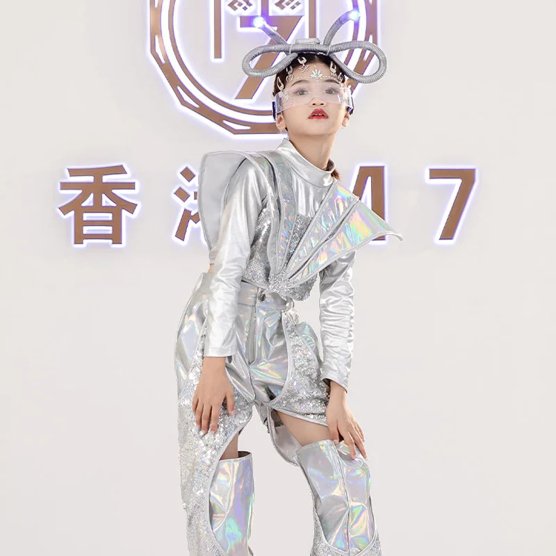 Girls Catwalk Show Costumes Children Model Stage Silver Sequin Shiny Clothes Festival Clothing Kids Jazz HipHop Clothing DQL6308