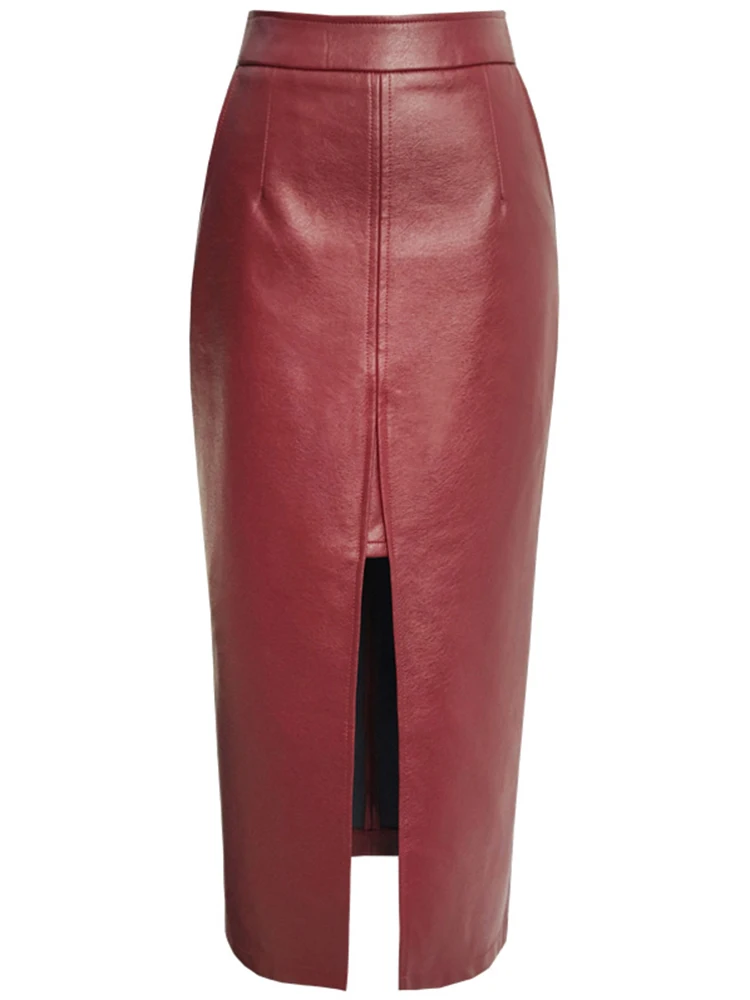 Lautaro Long Soft Faux leather pencil skirt women with front slit pockets High waisted midi skirts for women wine red skirt