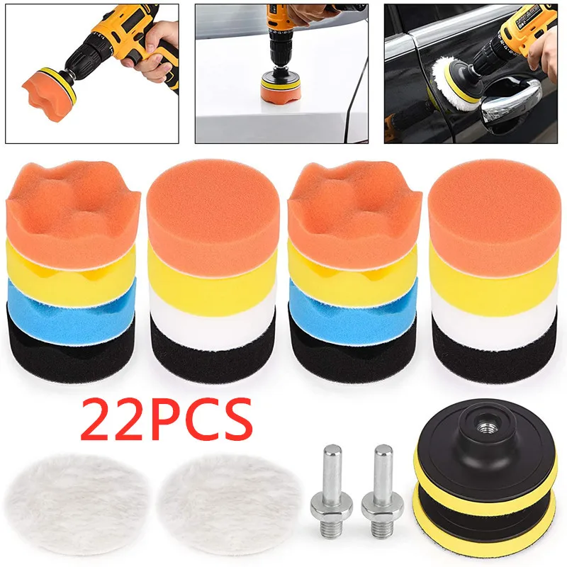 22PC Car Polishing Sponge Pads Kit Buffing Waxing Foam Pad Buffer Set Polisher Machine Wax Pad Remove Scratches Drill Attachment