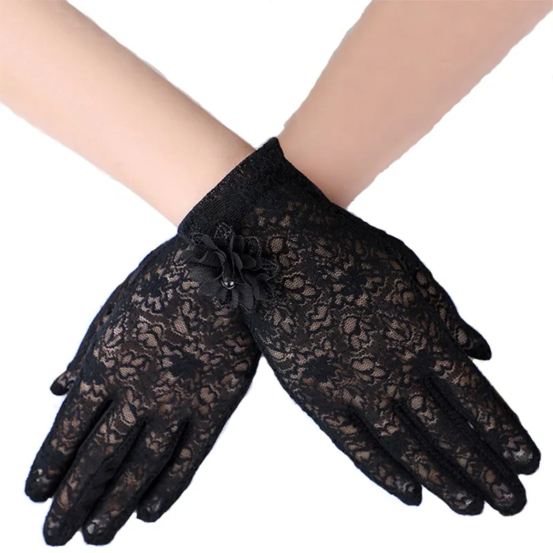 Sunscreen gloves ladies summer driving and riding non-slip breathable lace big flower ladies touch screen ice silk gloves J48