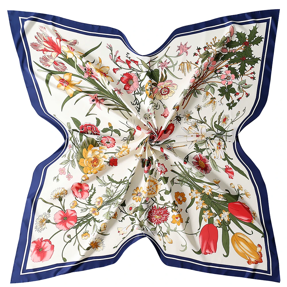 Xale de flores e plantas de silo feminino, cachecol quadrado grande, decoração quente para viagem, moda clássica europeia, 130cm, novo, primavera