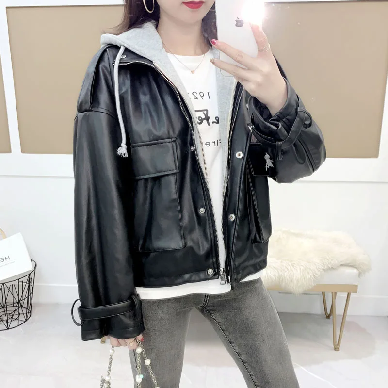 Ailegogo novo outono feminino com capuz solto preto plutônio falso jaqueta de couro streetwear moto motociclista zíper bolso casaco à prova de vento outwear