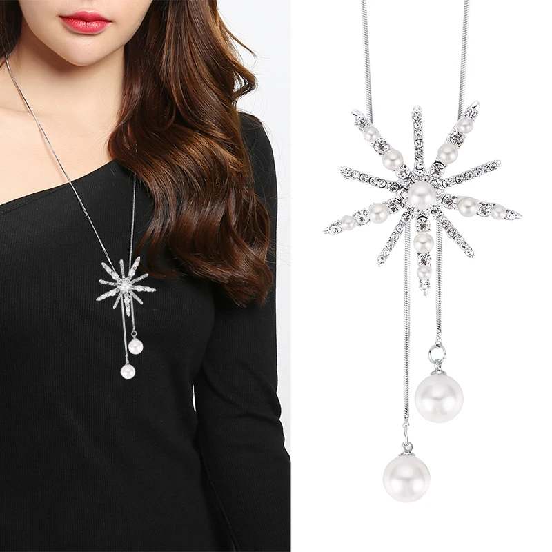 Snowflake Long Necklaces & Pendants for Women 2022 New Fashion Bohemian Simulated Pearl Crystal Necklaces Female Jewelry