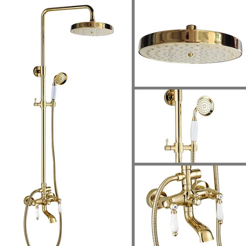 Gold Color Brass Two Ceramic Handle Wall Mounted Bathroom Rain Shower Head Bath Tub Faucet Set Telephone Shape Hand Spray mgf375