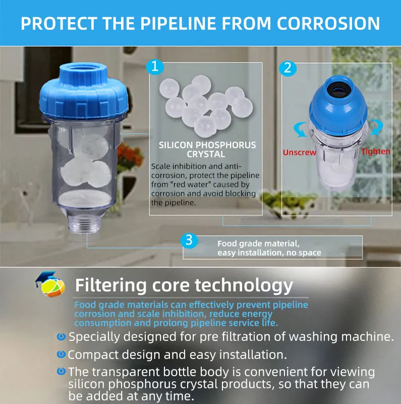 실리콘 인 크리스탈 브라이트닝 세탁기 필터, 비 황변 스케일 억제, 부드러운 정수기