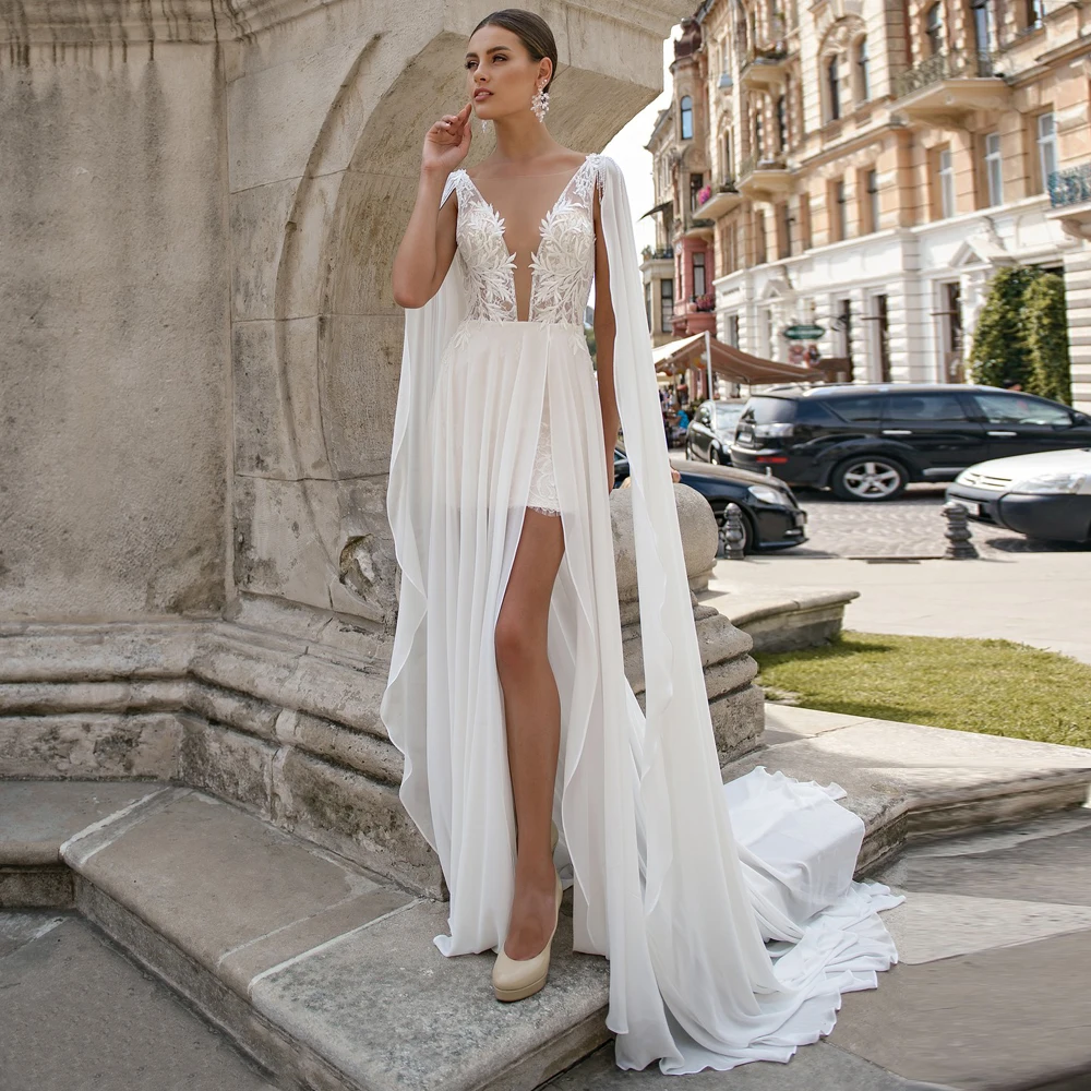 

Sexy High Slit Boho Wedding Dresses Sheer Scoop Neck Lace Applique Illusion Backless Chiffon Dress Robe De Mariee