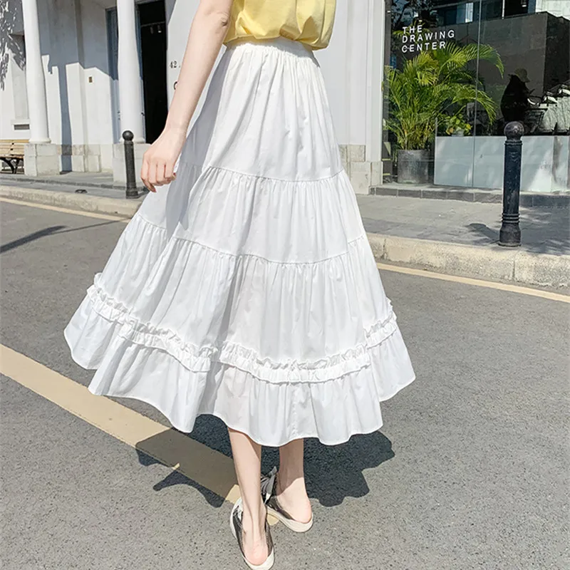 Qiukichonson Spring Summer High Waist Long Midi Skirts Women Cute Stitching Frilly Ruffle Big Swing A-Line Skirts Black White