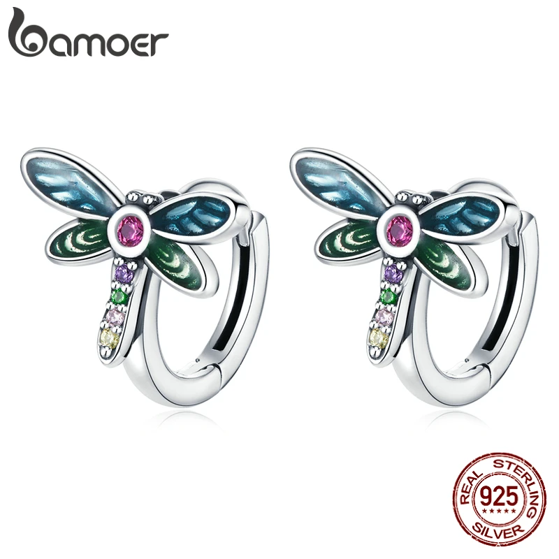 bamoer 925 Sterling Silver Authentic Retro Dragonfly Earrings Buckle Earrings Round for Women Wedding Fashion Jewelry SCE1172