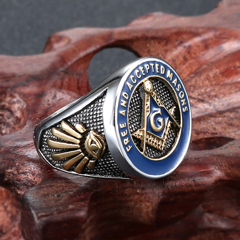 Masonic Ring Free Mason Stainless Steel Freemasonry Ring Freemason Gold For Men AG Jewelry Punk Blue Enamel Quality Size 8-13