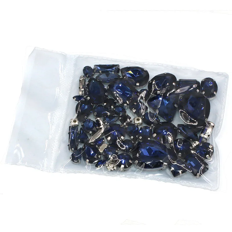 New arrive 50pcs/bag high quality mixed shape Ink blue glass crystal sew on rhinestones with claw diy clothing accessories