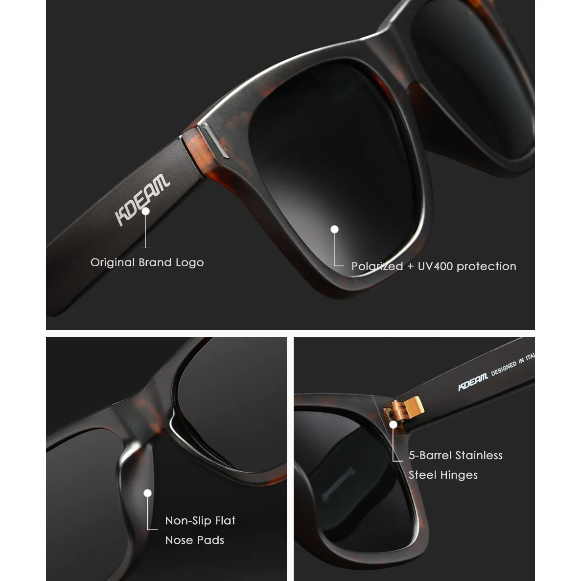 KDEAM New Square Polarized Sunglasses Men Multi Color Coating Sunglass All Black Shades Zipper Box Included Cat.3 CE