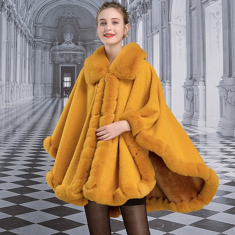 Noble Luxury Faux Rex Rabbit Fur Coat Cape Thick Soft Double-sides Imitated Lamb Wool Overcoat Wide Lapel Women Winter Cloak Big