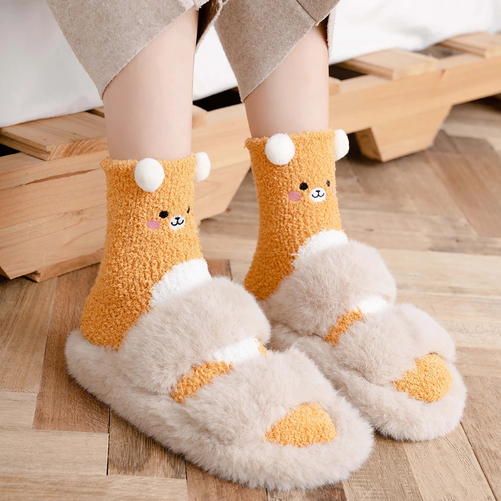 Women Cute Cartoon Animal Fuzzy Socks Winter Warm Fleece Kawaii Panda Bear Cat Mouse Casual Fashion Home Floor Sleep Fluffy Sock