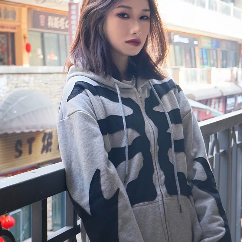 Y2k Skeleton printing Harajuku Sweatshirt Retro Clothing Korean Long Sleeve Tops Coats Punk Vintage Hoodies Women Streetwear