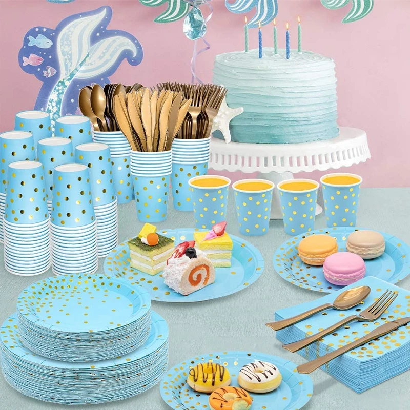 

Blue Gold Foil Birthday Party Disposable Paper Cup Adult Decoration Disposable Paper Cup Plate Set Anniversary Decoration Set