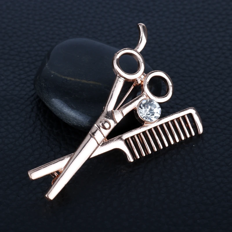 Badge Brooch Pins 3D Barber Shop Pole Shape Brooches 3Colors Crystal Razor Scissors Enamel Pin Cute Hairdresser Deco Accessories