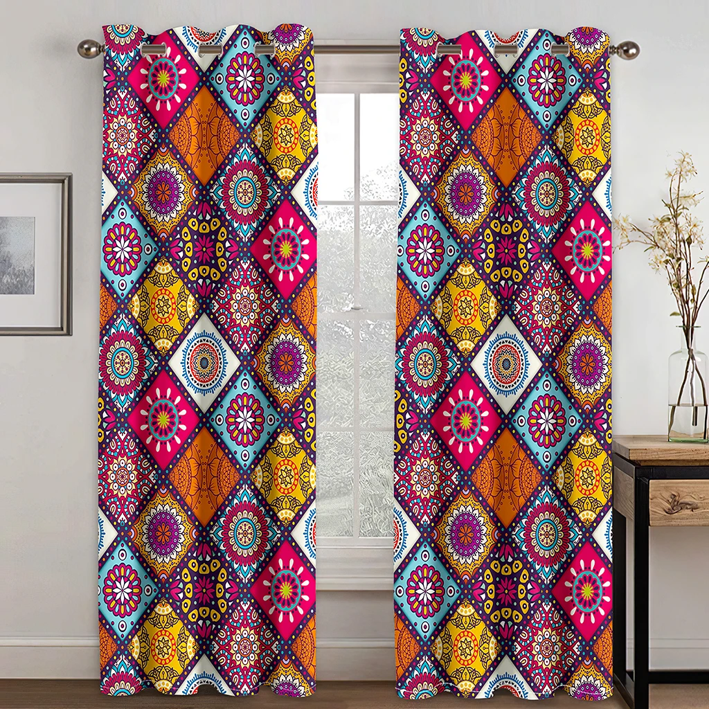 Bohemian Plaid Blackout Curtain Boho Bedroom Window Curtains Drapes for Living Room Thermal Insulated Decor(2Panels)カーテン Cotinas