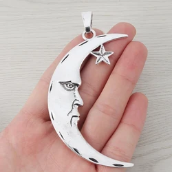 2 x Antique Silver Color Large Crescent Moon with Star Charms Pendants for Necklace Jewelry Making FIndings Accessories 84x22mm