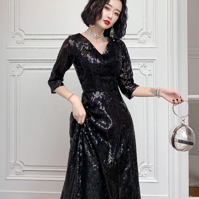 Wei yin AE0196-vestido de noche largo con lentejuelas, traje Formal elegante con cuello en V, longitud hasta el suelo, color negro, 2023