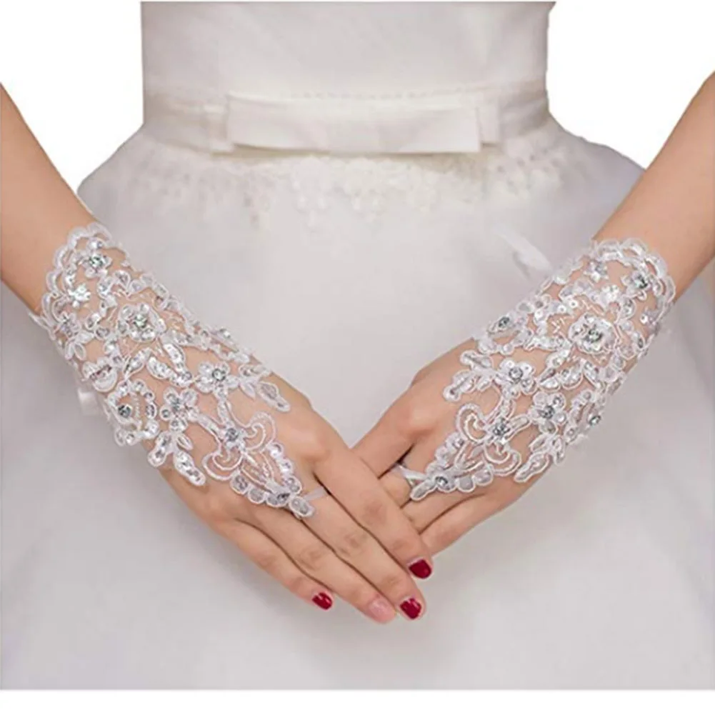 Guante de encaje de diamantes de imitación para mujer, blanco, marfil, rojo, corto, sin dedos, elegante, accesorios de boda