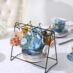 6-Set Van Gogh Coffee Cup-Saucer-Spoon Set With Iron-Frame Bone China Ceramic Mugs Thermal Tea Water Bottle Best Christmas Gift