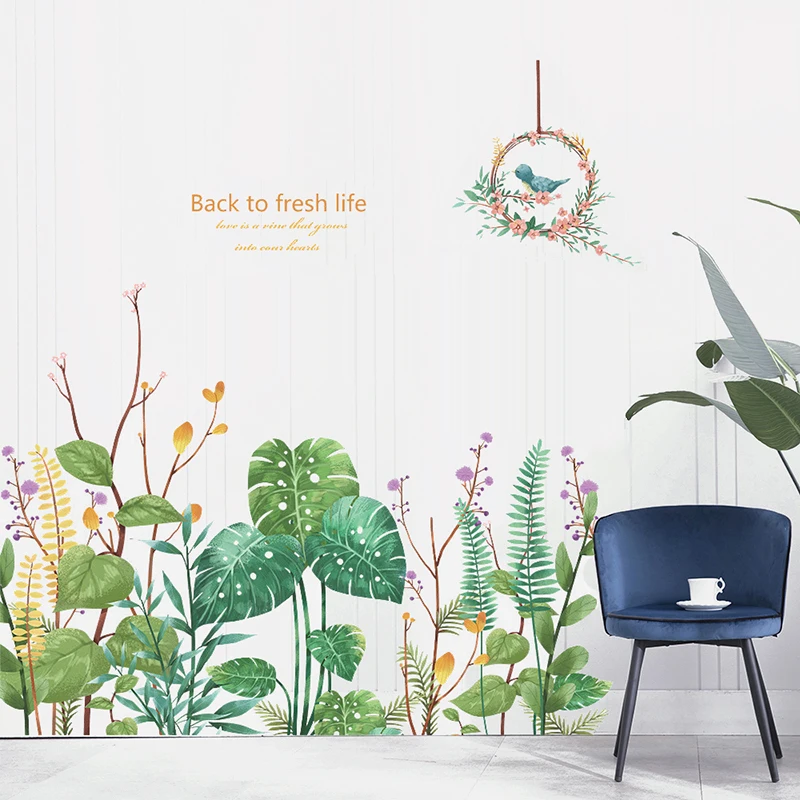 

Green Plant Flower Wall Stickers for Living Room Bedroom Background Skirting Wall Decoration Self-Adhesive Home Decor Sticker