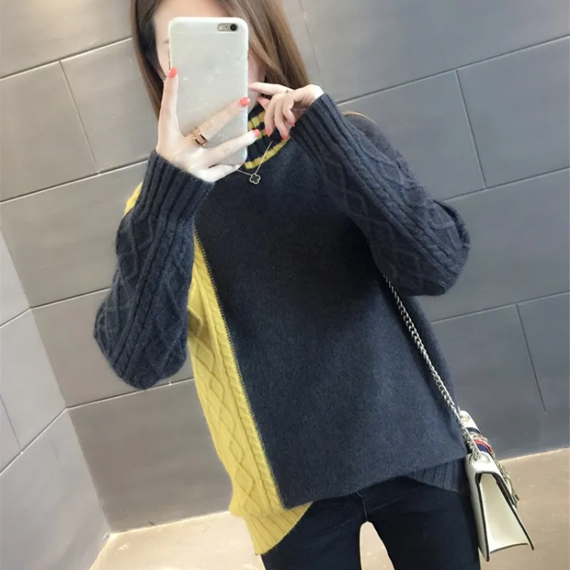 JMPRS Winter Thick Women Turtleneck Sweater Fashion Winter Patchwork Knitted Pullover Warm Sweater Casual Long Sleeve Jumper