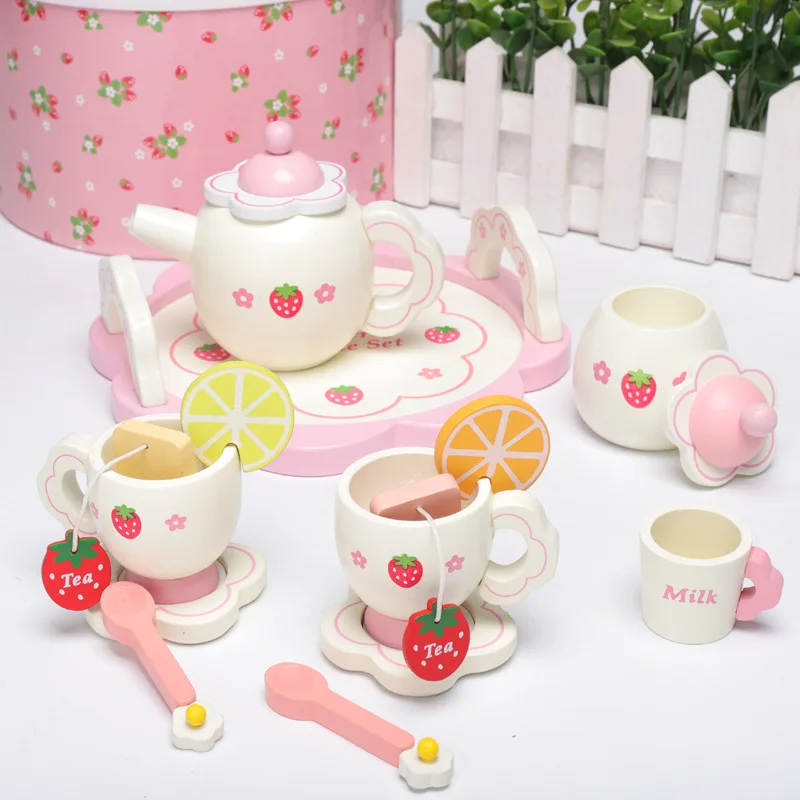 Wooden Tea Cup Set Kids Kitchenware Toy Girl\'s Pink Teatime Tableware Mini Tea Things Teapot Tray Spoon Kit With Box