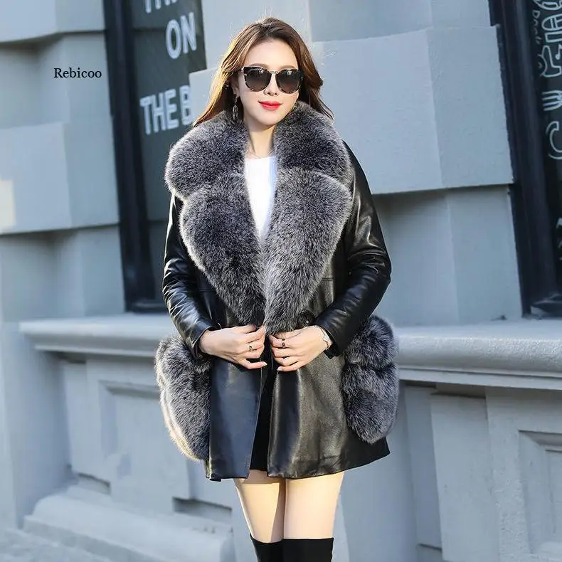 Women's New Fur Coat and Fur Mid-Length Coat Jacket Plus Velvet Big Fox Fur Collar Leather Windbreaker