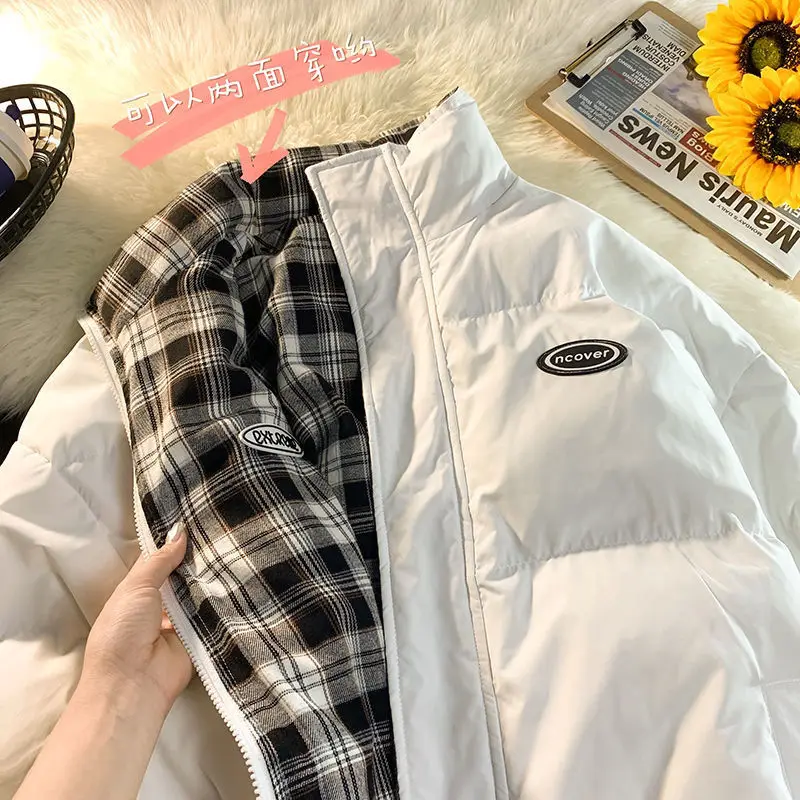 2023New Double Sided Winter Jacket Women Pure Color Plaid Warm Thick Down Cotton Padded Parka Fashion Female Coat Loose Outwear