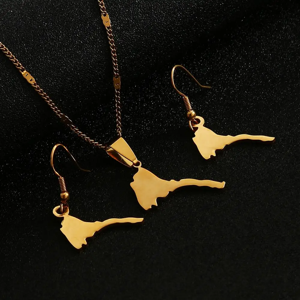 Stainless Steel Smooth Eritrea Map Pendant Necklaces Earrings Gold Color Eritrea Maps Jewelry Set