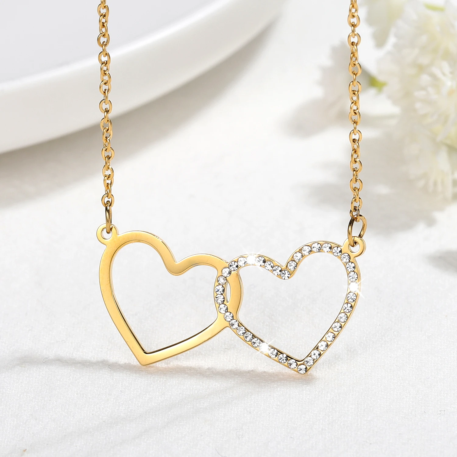 Custom Crystal Double-heart  Necklace Charm Clavicle Necklaces Chain For Women Gold Stainless Steel Pendant Jewelry Heart Gifts