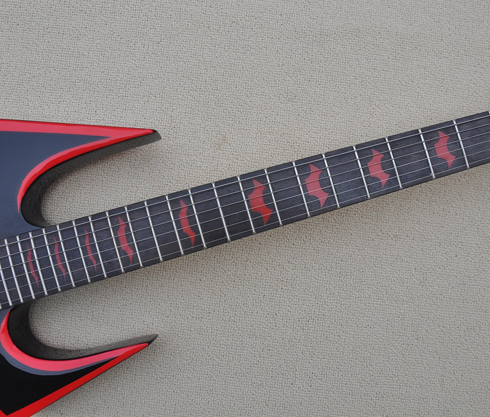 6 Strings Black Unusual Shaped Electric Guitar with Red Binding,Rosewood Fretboard