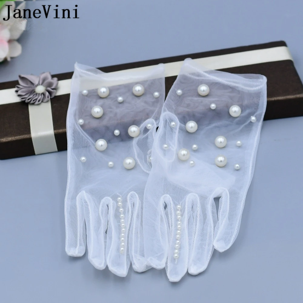 JaneVini 2021 Elegante Weiße Kurze Hochzeit Handschuhe für Braut Volle Finger Handgelenk Länge mit Perlen Gant Tüll Hochzeit Zubehör