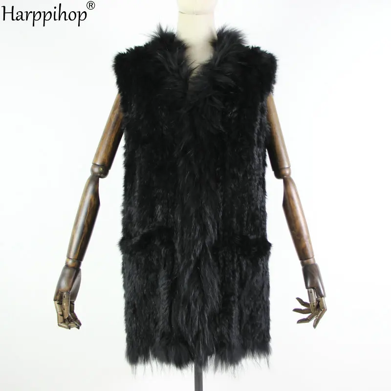 Nouvelle mode lapin fourrure gilet tricot lapin gilet 80 cm de long style pour les femmes col de fourrure de raton laveur garniture fourrure gilet poche décoration