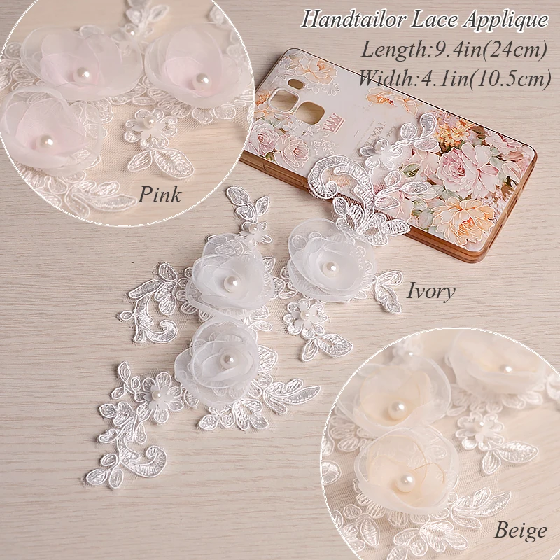 

1Pair Handtailor Lace Applique Flower Motif Pearl Sequin Lace Trim Bridal Headdress Accessories