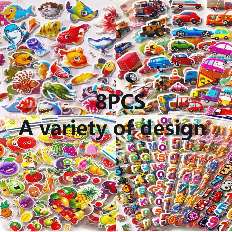 3D Stickers for Kids Toddlers 8 Different Sheets 3D Puffy Bulk Sticker Cartoon Education Classic Toy Children Boys Girl Gifts