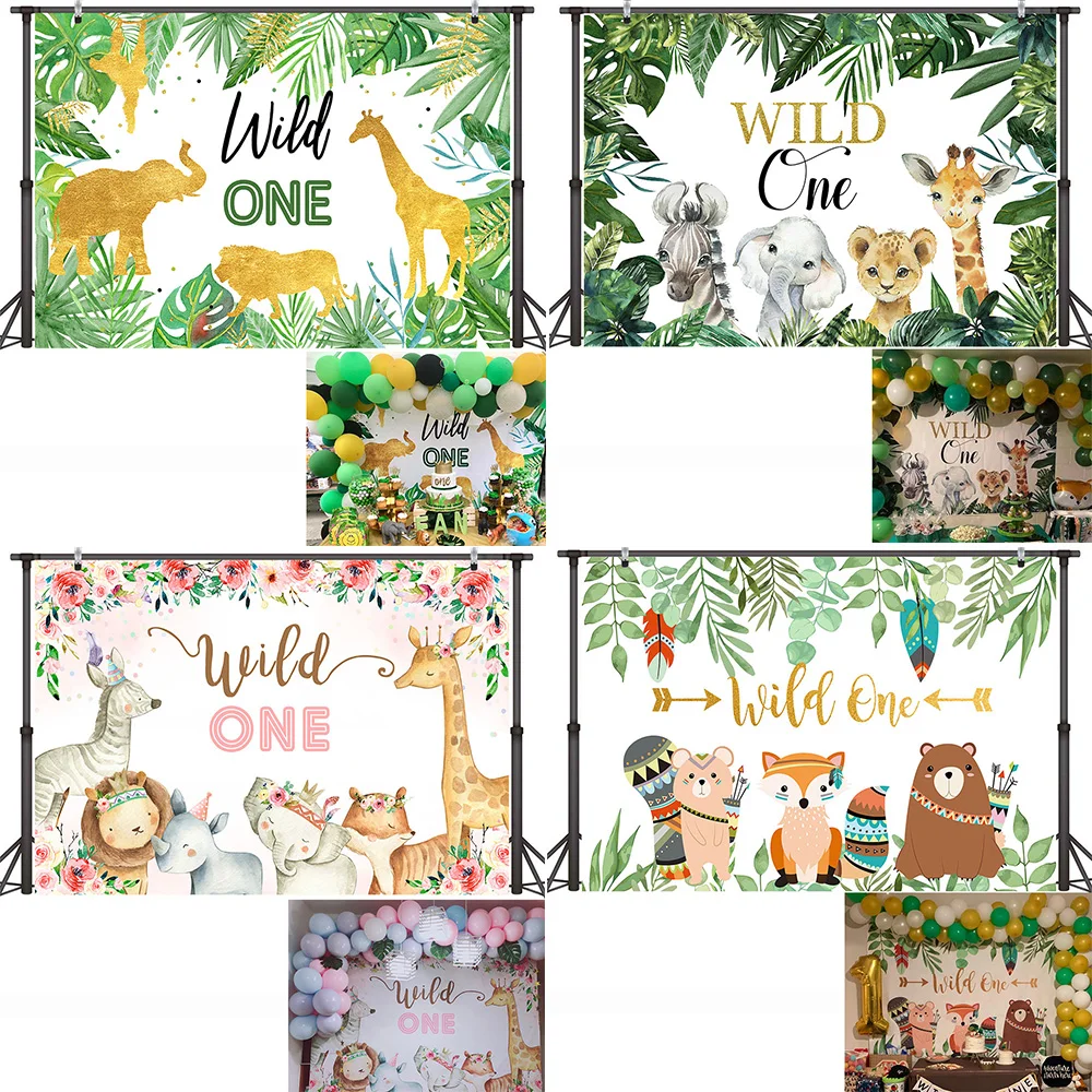 Wild One Birthday Backdrop Photography Jungle Forest Animals Safari Party Background Woodland Newborn 1st Birthday Banner Props