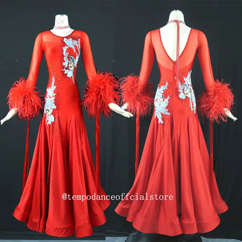 New Costumes Ballroom Dance Dress for Women Competition Dresses Standard Dress Red Dancing Clothes Long Sleeve Ostrich Feather