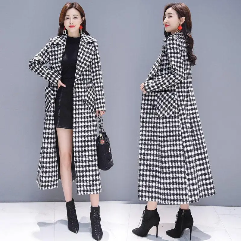2026 Fashion Spring Plaid Woolen Jacket Ladies Clothing Elegant Slim Temperament Long Outwear Windproof Women Windbreaker Coats