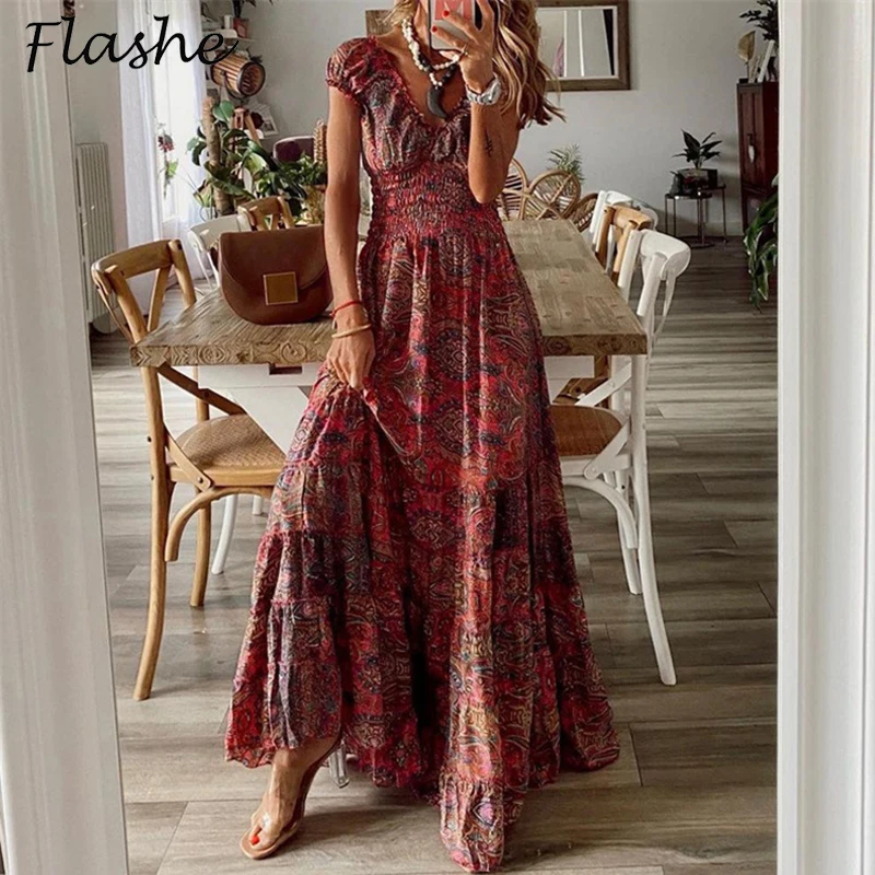 

Women Vintage Long Dress 2021 Sundress Spring Summer Print Dress Boho Casual V Neck Vestidos Femme Fashion Party Dresses