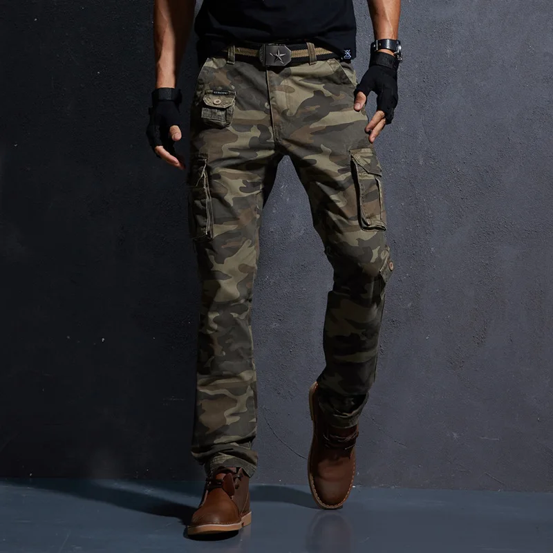 Men\'s Fashion Cargo Pants Multi-pockets Baggy Pants Casual Long Trousers Overalls Camouflage Joggers Pants Man Cotton