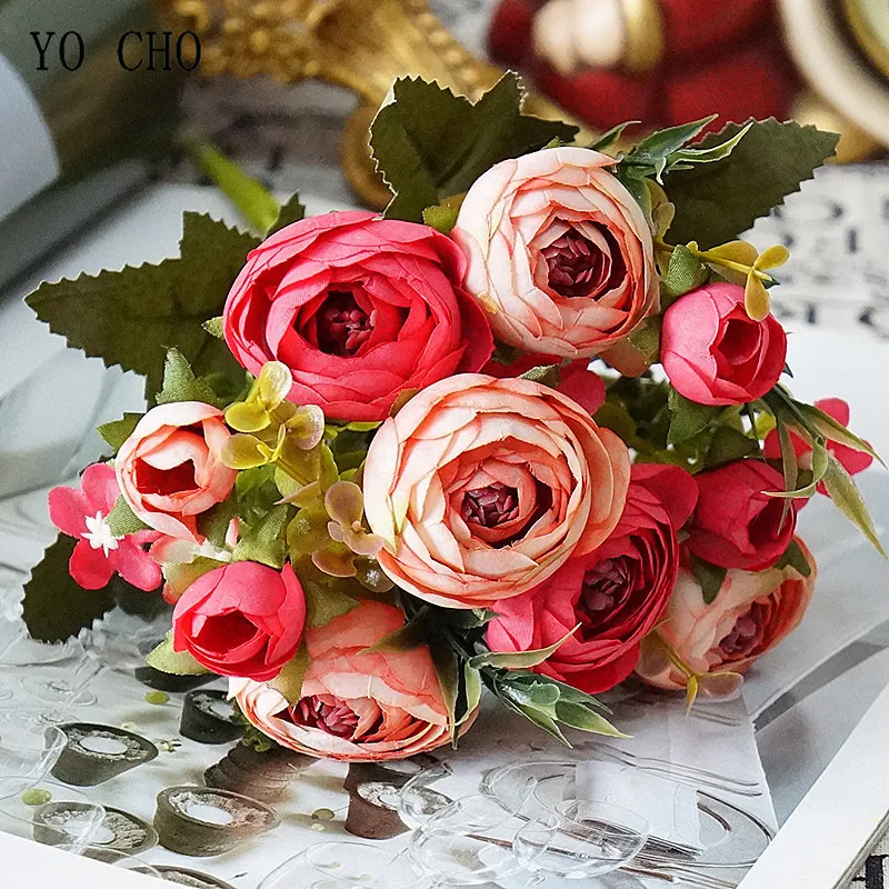 5 Branch Small Rose Flowers Silk Flower Bouquet 10 Heads Roses Artificial Flowers Bunch for Wedding Table Home Decor Faux Flores