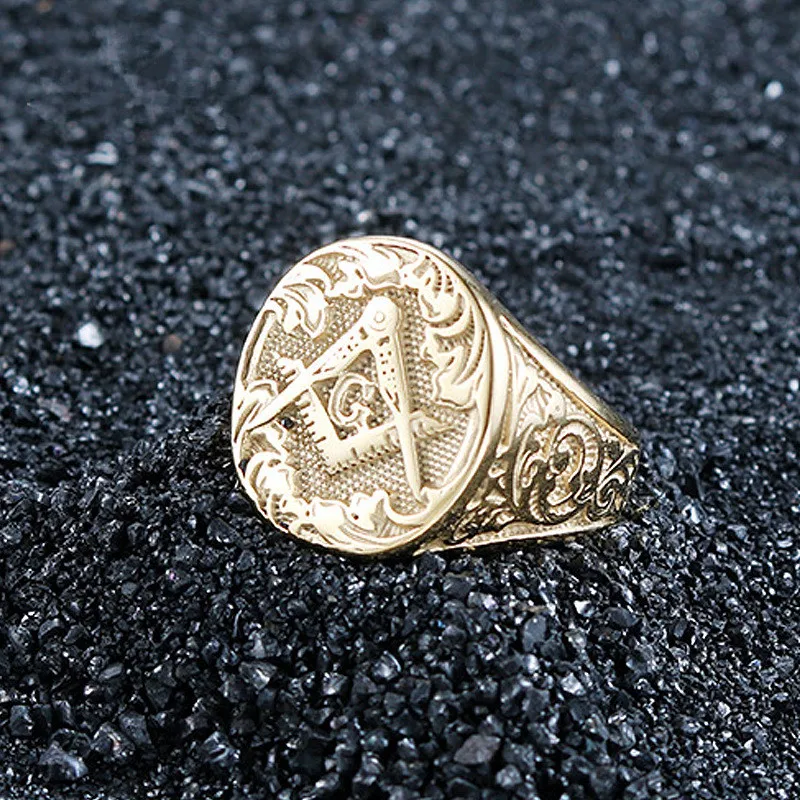 Vintage Men Gold Plated Masonic Ring Masonic Church Ring Mason Ring Hip Hop Punk Ring Banquet Jewelry Father\'s Day Party Gift