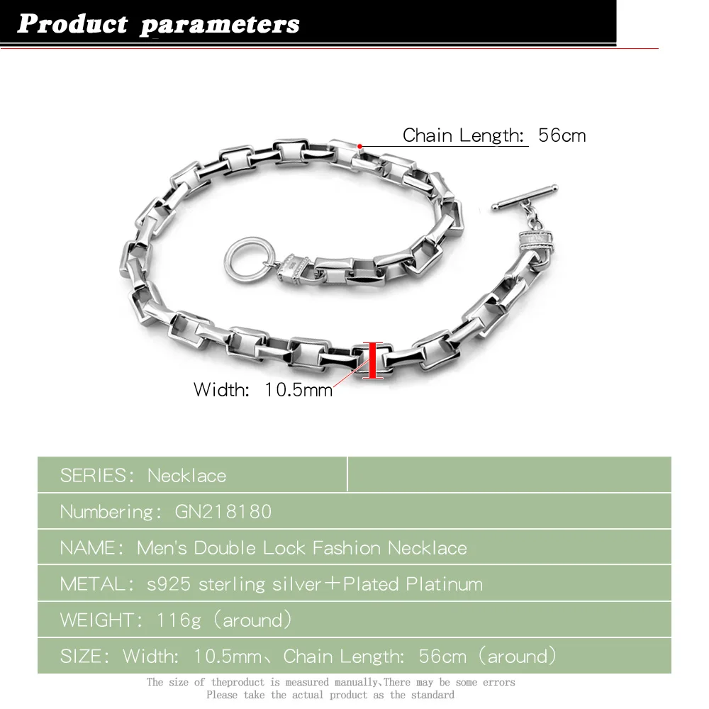 New brand  jewelry cool men necklace.925 sterling silver Rectangular chain. thickness chain men jewelry.10 mm