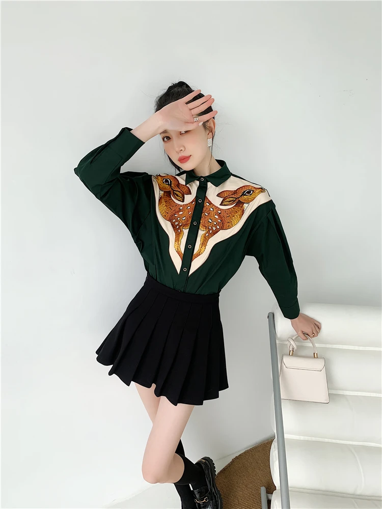 CHEERART Deer Embroidered Cotton Green Long Sleeve Button Up Shirt Fall 2021 Womens Fashion Patchwork Top And Blouses Autumn