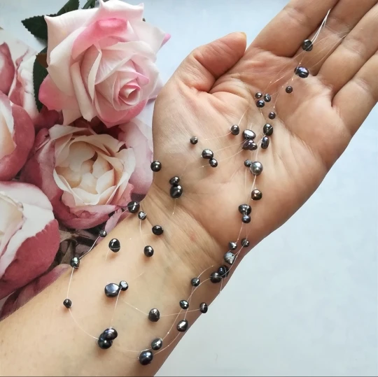 Qingmos 4-6mm Baroque Natural Freshwater Black Pearl Necklace for Women with Float Starriness Necklace 18-20\