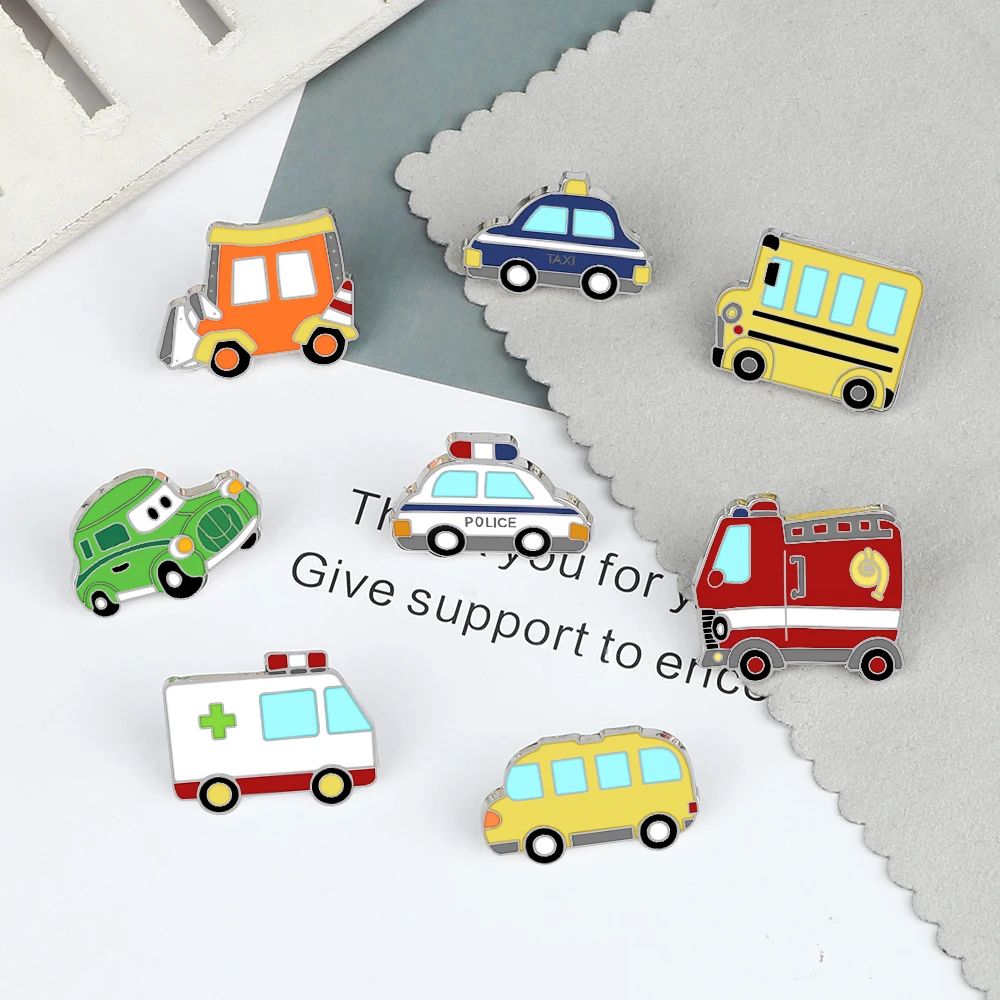 Cartroon Cute Ambulance Brooches School Bus Enamel Pins Taxi Fire Truck Bulldozer Lapel Pin Custom Badge Shirt Bag Jewelry Gifts view 2
